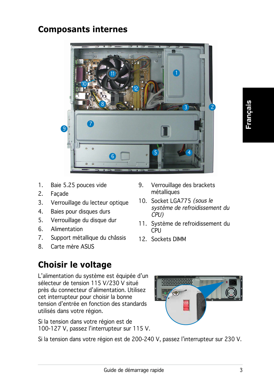 Composants internes, Choisir le voltage, Français | Asus P3-PE5 User Manual | Page 11 / 80