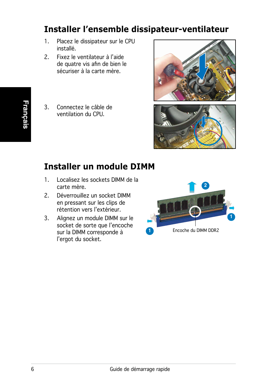 Installer l’ensemble dissipateur-ventilateur, Installer un module dimm, Français | Asus P3-PE5 User Manual | Page 14 / 80