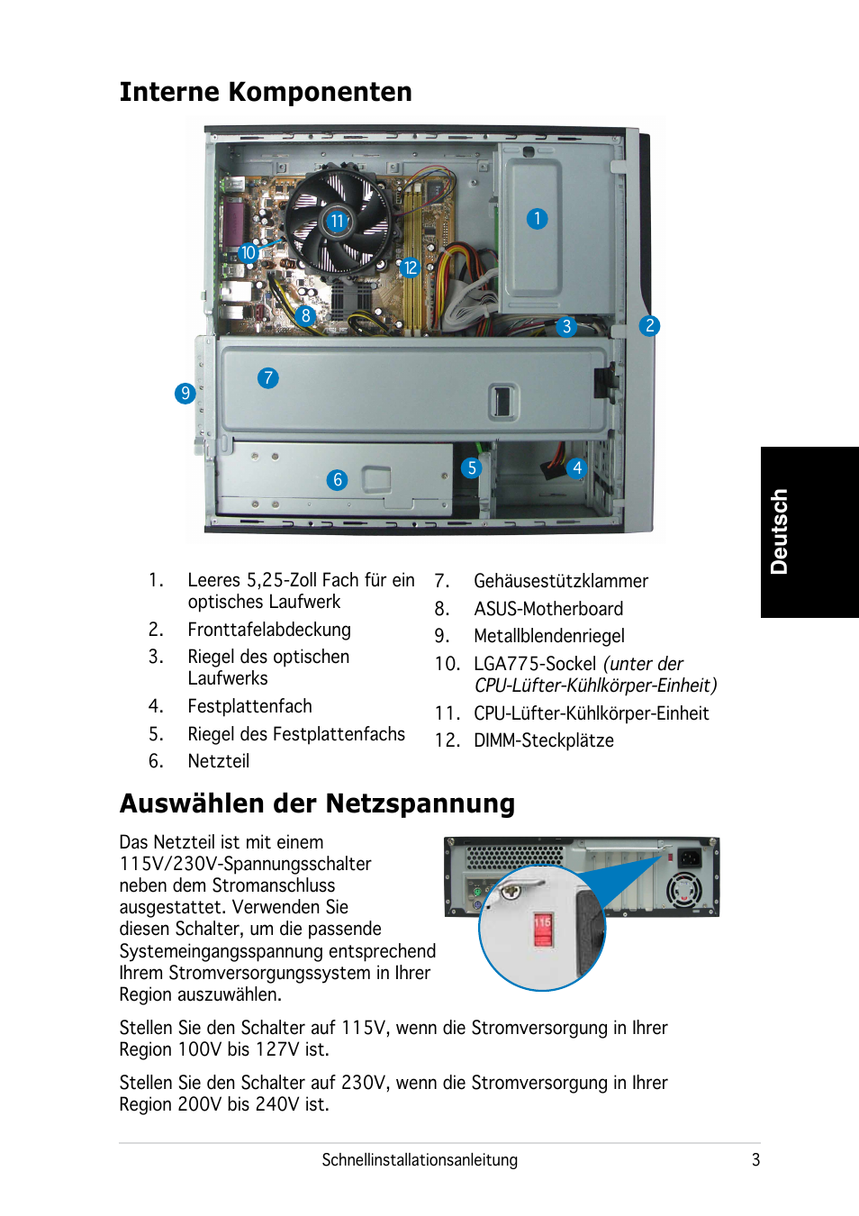 Interne komponenten, Auswählen der netzspannung, Deutsch | Asus P3-PE5 User Manual | Page 19 / 80