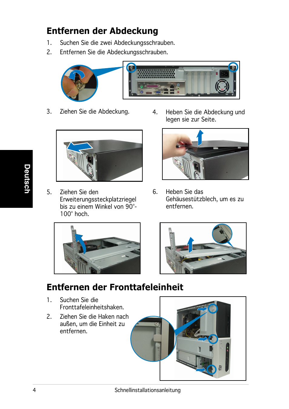 Entfernen der abdeckung, Entfernen der fronttafeleinheit | Asus P3-PE5 User Manual | Page 20 / 80