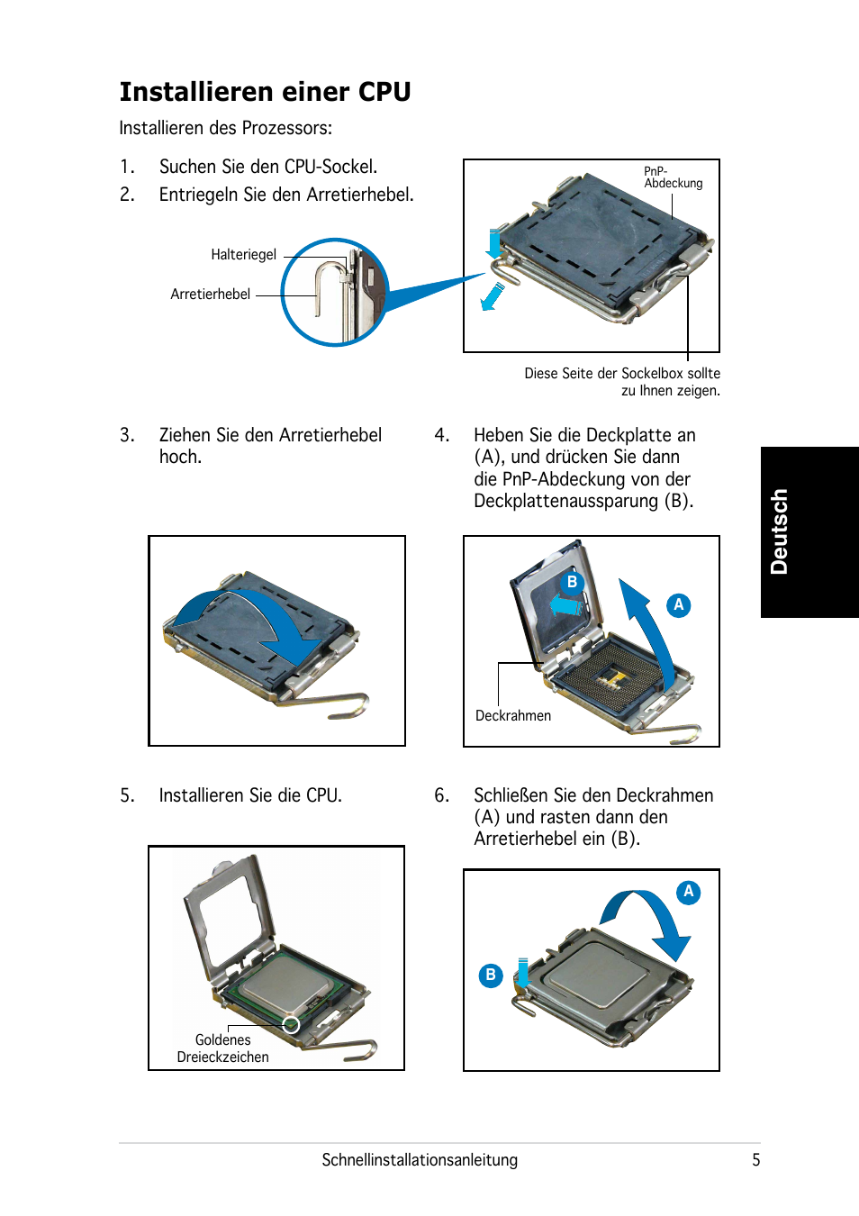 Installieren einer cpu, Deutsch | Asus P3-PE5 User Manual | Page 21 / 80