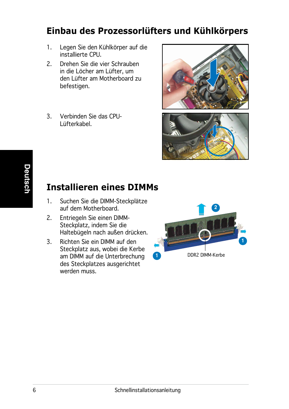 Einbau des prozessorlüfters und kühlkörpers, Installieren eines dimms, Deutsch | Asus P3-PE5 User Manual | Page 22 / 80