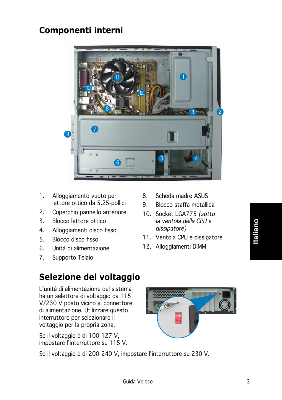 Componenti interni, Selezione del voltaggio, Italiano | Asus P3-PE5 User Manual | Page 27 / 80