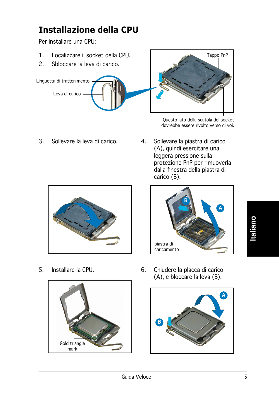 Installazione della cpu, Italiano | Asus P3-PE5 User Manual | Page 29 / 80