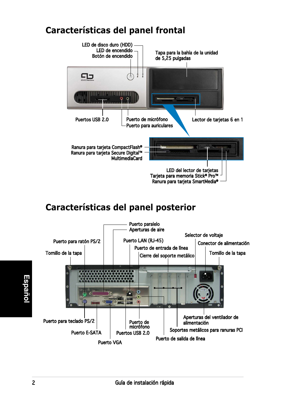 Características del panel posterior, Características del panel frontal, Español | Asus P3-PE5 User Manual | Page 34 / 80