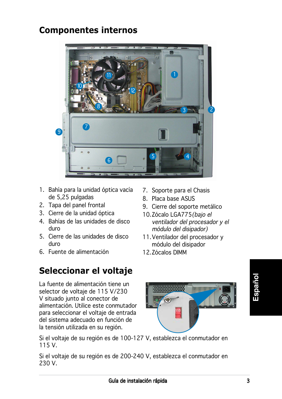 Componentes internos, Seleccionar el voltaje, Español | Asus P3-PE5 User Manual | Page 35 / 80