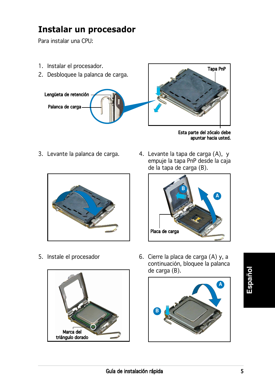 Instalar un procesador, Español | Asus P3-PE5 User Manual | Page 37 / 80