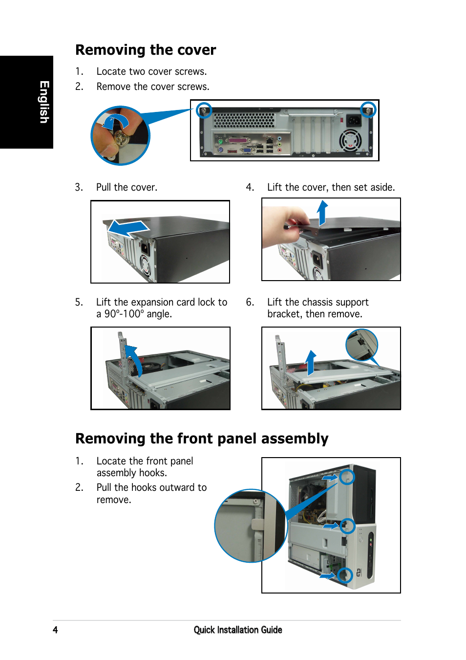 Removing the cover, Removing the front panel assembly | Asus P3-PE5 User Manual | Page 4 / 80