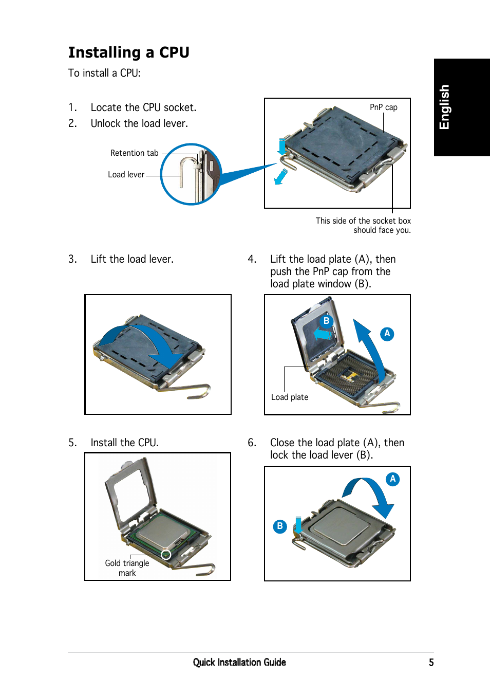 Installing a cpu, English | Asus P3-PE5 User Manual | Page 5 / 80