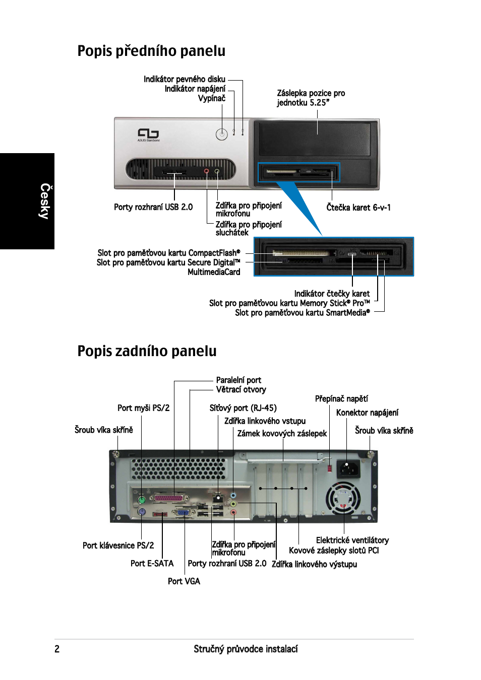 Popis zadního panelu, Popis předního panelu, Česky | Asus P3-PE5 User Manual | Page 58 / 80