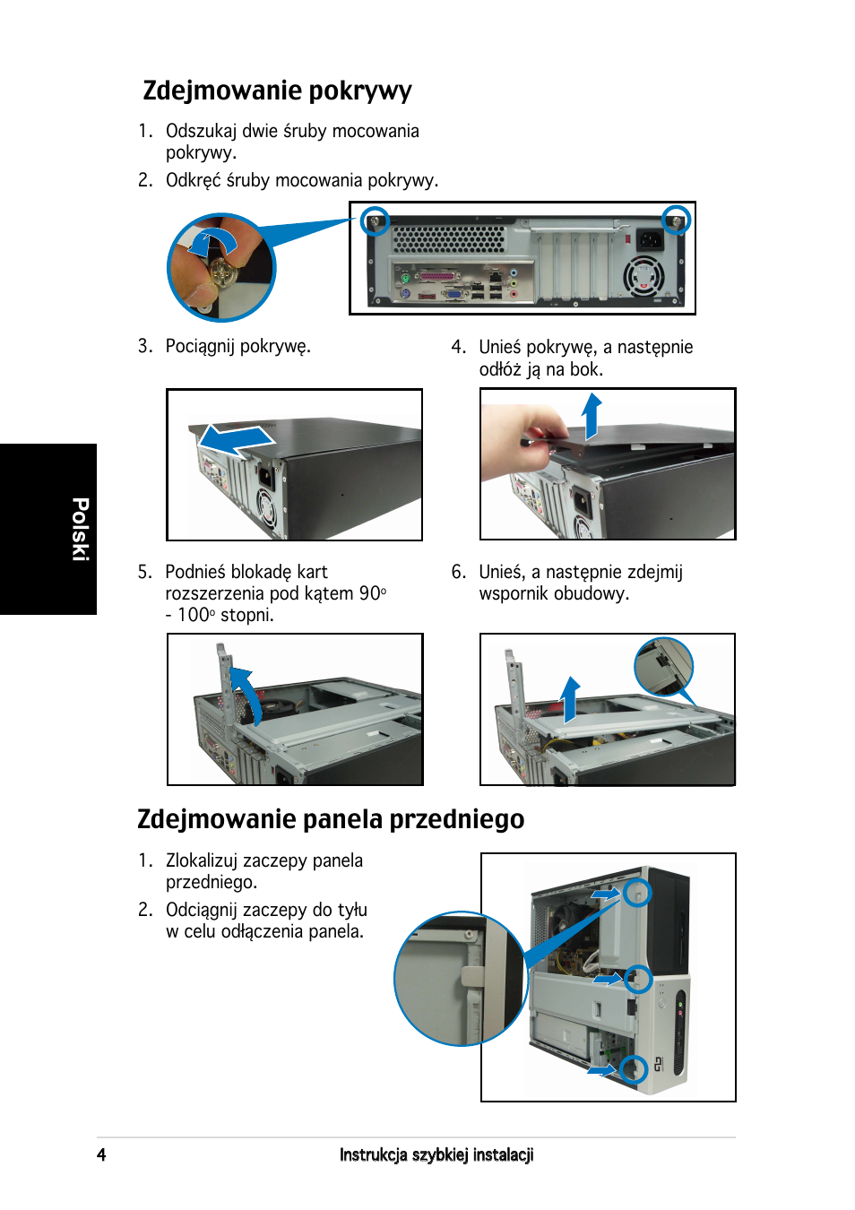 Zdejmowanie pokrywy, Zdejmowanie panela przedniego, Polski | Asus P3-PE5 User Manual | Page 68 / 80