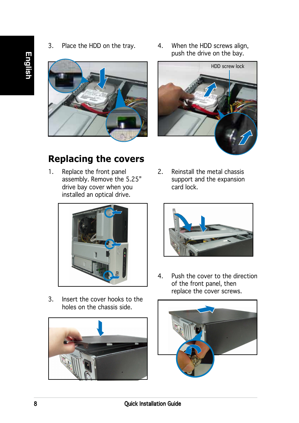 Replacing the covers, English | Asus P3-PE5 User Manual | Page 8 / 80