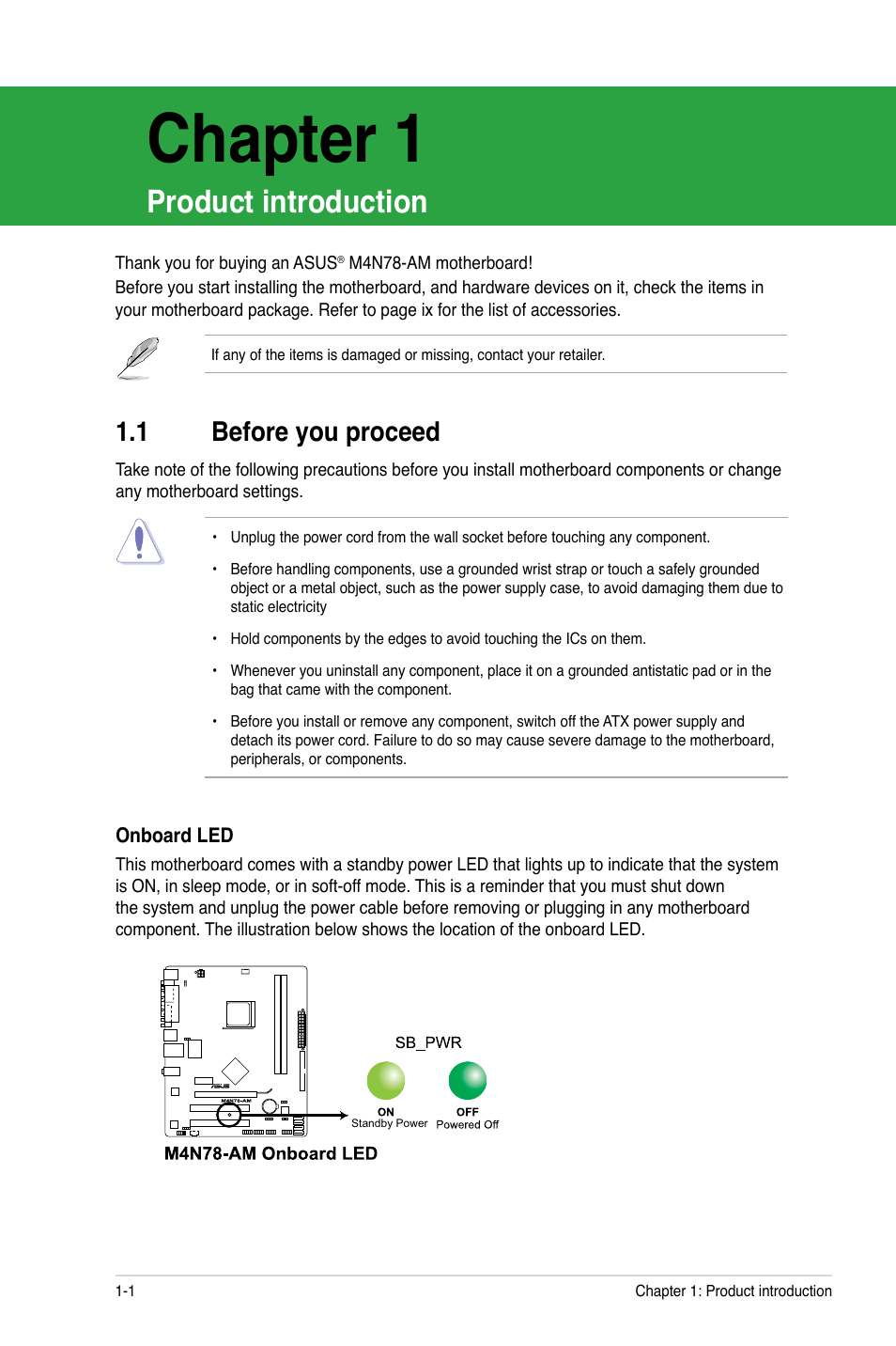 Chapter 1: product introduction, 1 before you proceed, Chapter 1 | Before you proceed -1, Product introduction | Asus M4N78-AM User Manual | Page 10 / 40