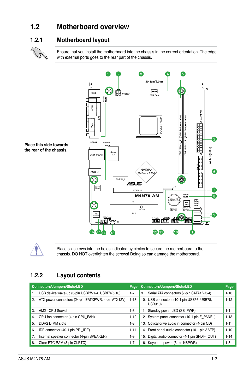 2 motherboard overview, 1 motherboard layout, 2 layout contents | Motherboard overview -2 1.2.1, Motherboard layout -2, Layout contents -2 | Asus M4N78-AM User Manual | Page 11 / 40