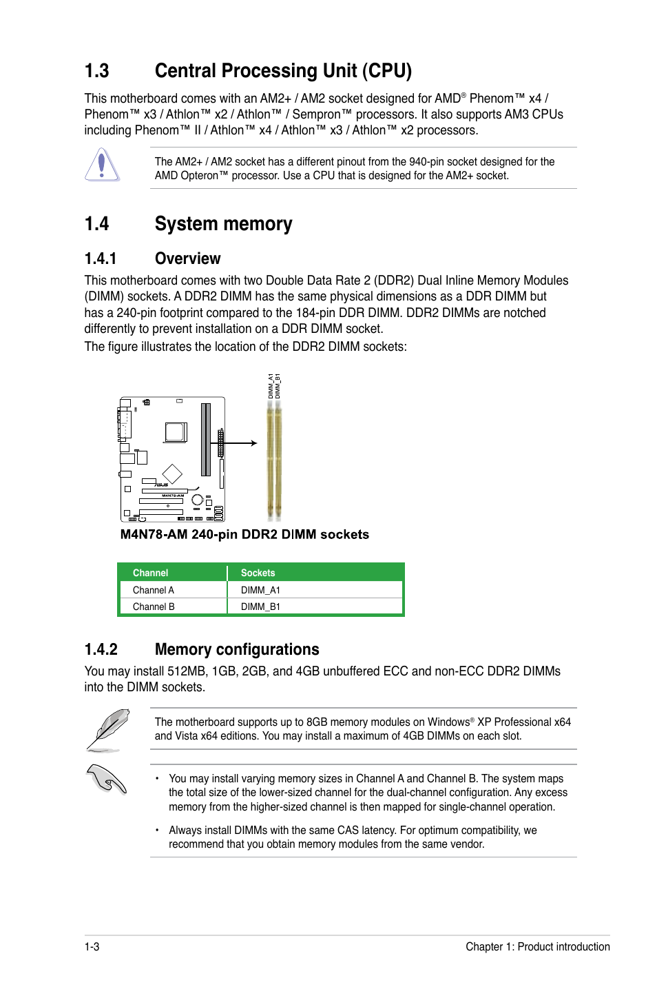 3 central processing unit (cpu), 4 system memory, 1 overview | 2 memory configurations, Central processing unit (cpu) -3, System memory -3 1.4.1, Overview -3, Memory configurations -3 | Asus M4N78-AM User Manual | Page 12 / 40