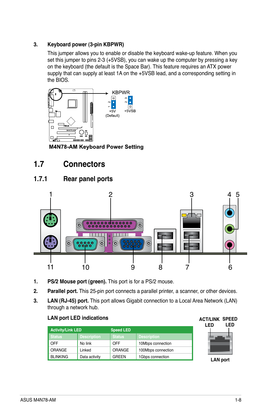 7 connectors, 1 rear panel ports, Connectors -8 1.7.1 | Rear panel ports -8 | Asus M4N78-AM User Manual | Page 17 / 40