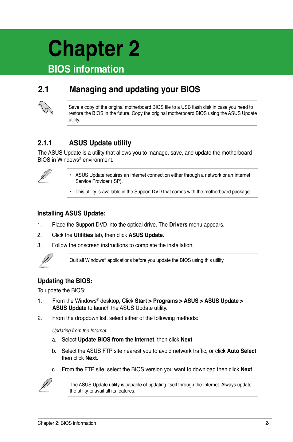 Chapter 2: bios information, 1 managing and updating your bios, 1 asus update utility | Chapter 2, Managing and updating your bios -1 2.1.1, Asus update utility -1, Bios information | Asus M4N78-AM User Manual | Page 25 / 40