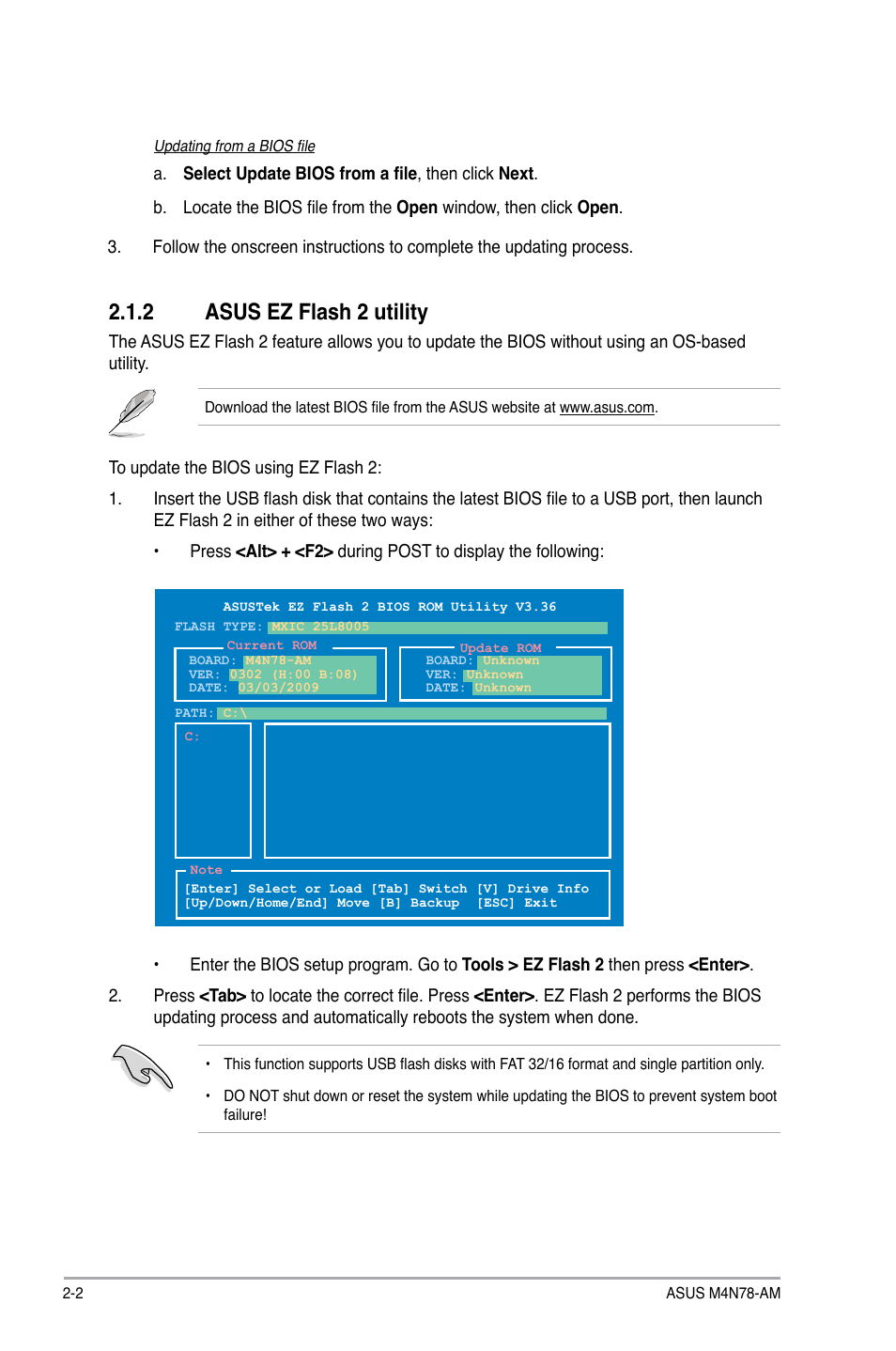 2 asus ez flash 2 utility, Asus ez flash 2 utility -2 | Asus M4N78-AM User Manual | Page 26 / 40