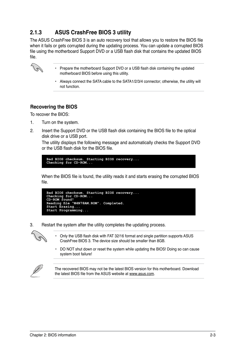 3 asus crashfree bios 3 utility, Asus crashfree bios 3 utility -3, Recovering the bios | Asus M4N78-AM User Manual | Page 27 / 40