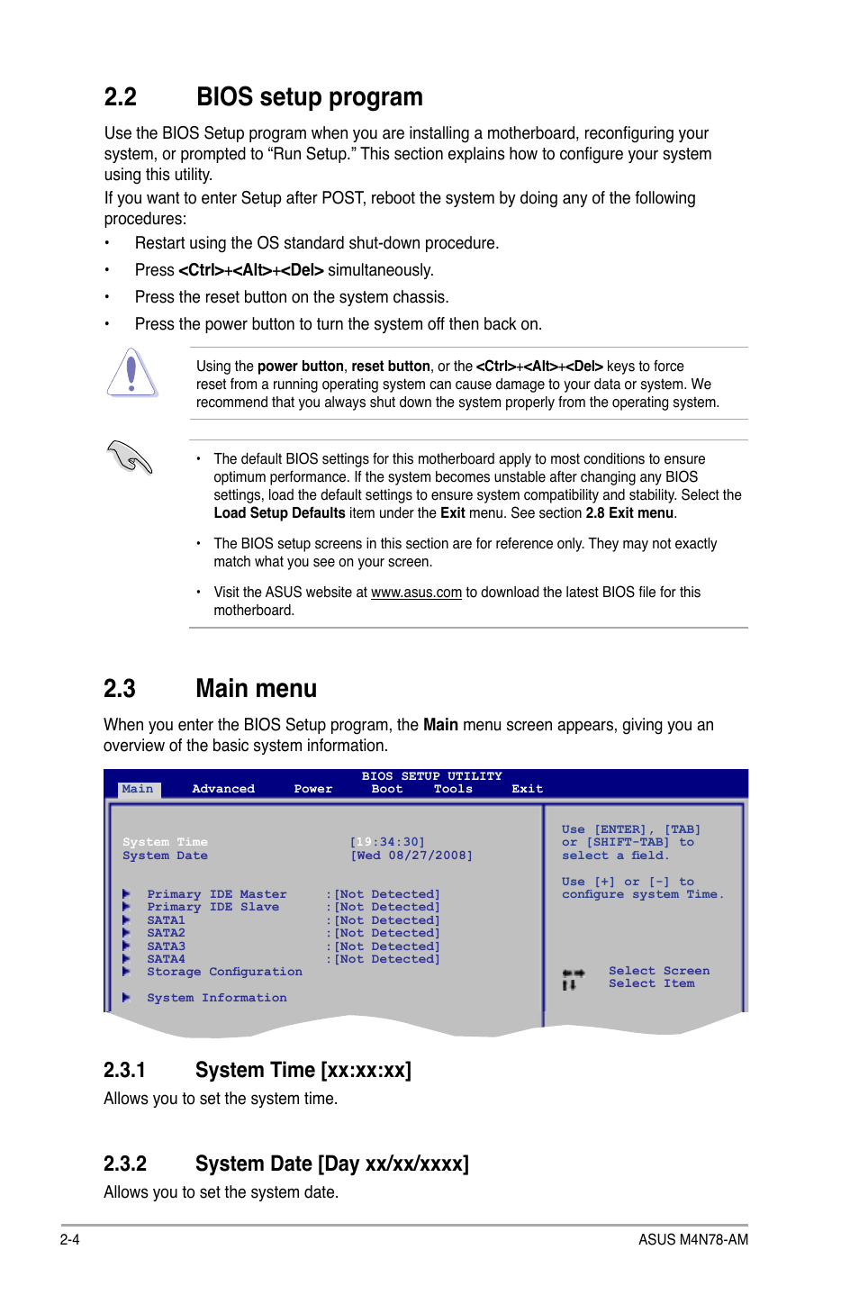 2 bios setup program, 3 main menu, 1 system time | 2 system date, Bios setup program -4, Main menu -4 2.3.1, System time -4, System date -4, 1 system time [xx:xx:xx | Asus M4N78-AM User Manual | Page 28 / 40