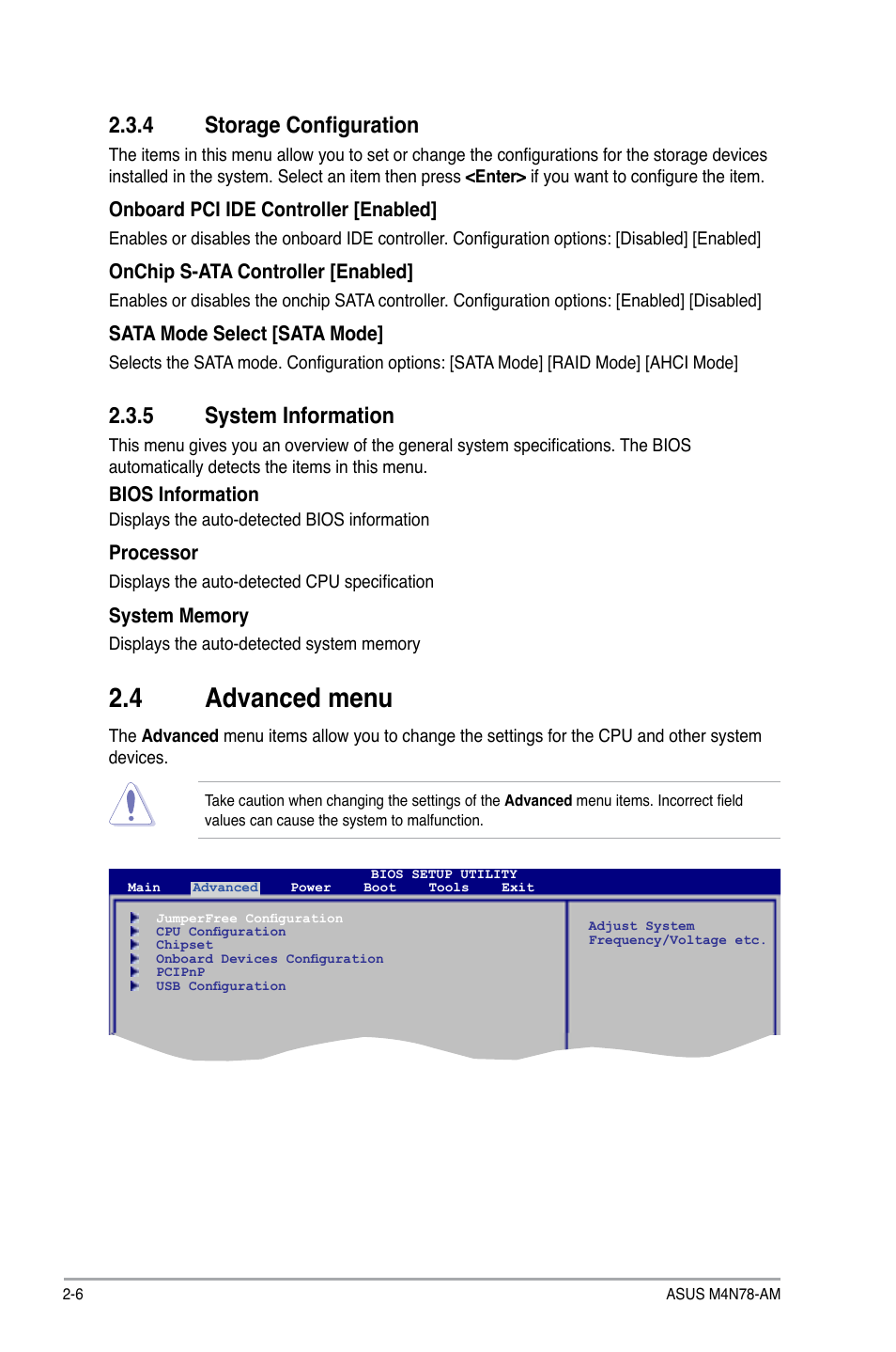 4 storage configuration, 5 system information, 4 advanced menu | Storage configuration -6, System information -6, Advanced menu -6 | Asus M4N78-AM User Manual | Page 30 / 40