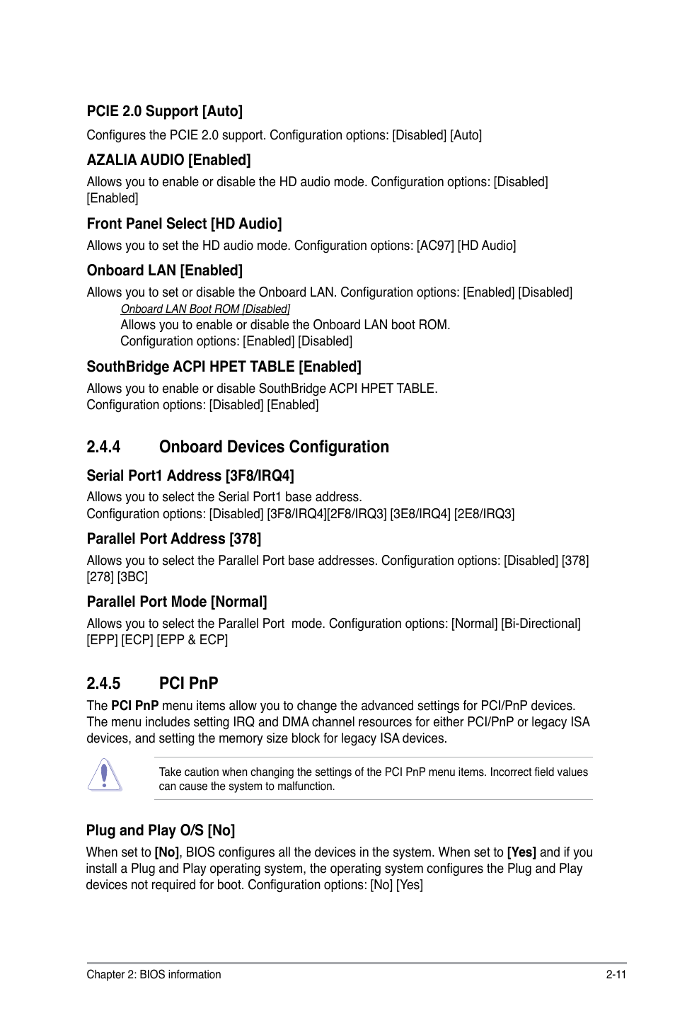 4 onboard devices configuration, 5 pci pnp, Onboard devices configuration -11 | Pci pnp -11 | Asus M4N78-AM User Manual | Page 35 / 40