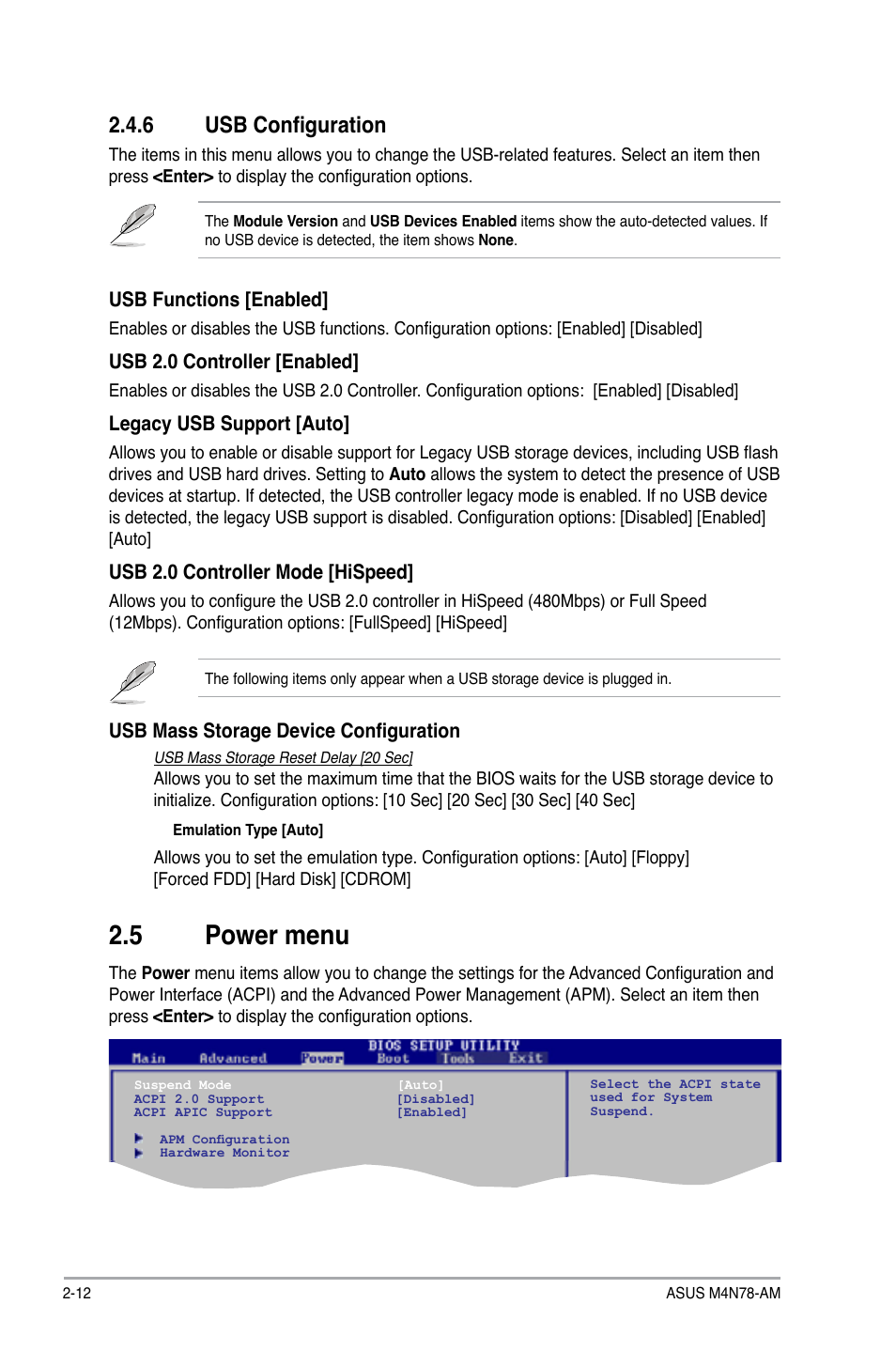 6 usb configuration, 5 power menu, Usb configuration -12 | Power menu -12 | Asus M4N78-AM User Manual | Page 36 / 40