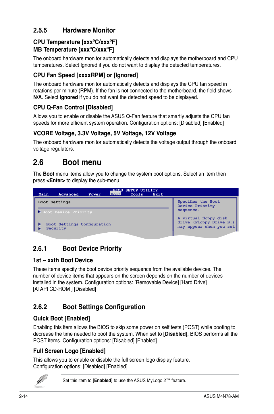 5 hardware monitor, 6 boot menu, 1 boot device priority | 2 boot settings configuration, Hardware monitor -14, Boot menu -14 2.6.1, Boot device priority -14, Boot settings configuration -14 | Asus M4N78-AM User Manual | Page 38 / 40