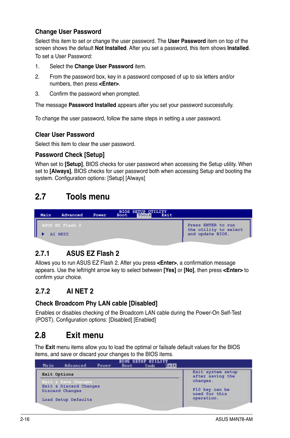 7 tools menu, 1 asus ez flash 2, 2 ai net 2 | 8 exit menu, Tools menu -16 2.7.1, Asus ez flash 2 -16, Ai net 2 -16, Exit menu -16 | Asus M4N78-AM User Manual | Page 40 / 40