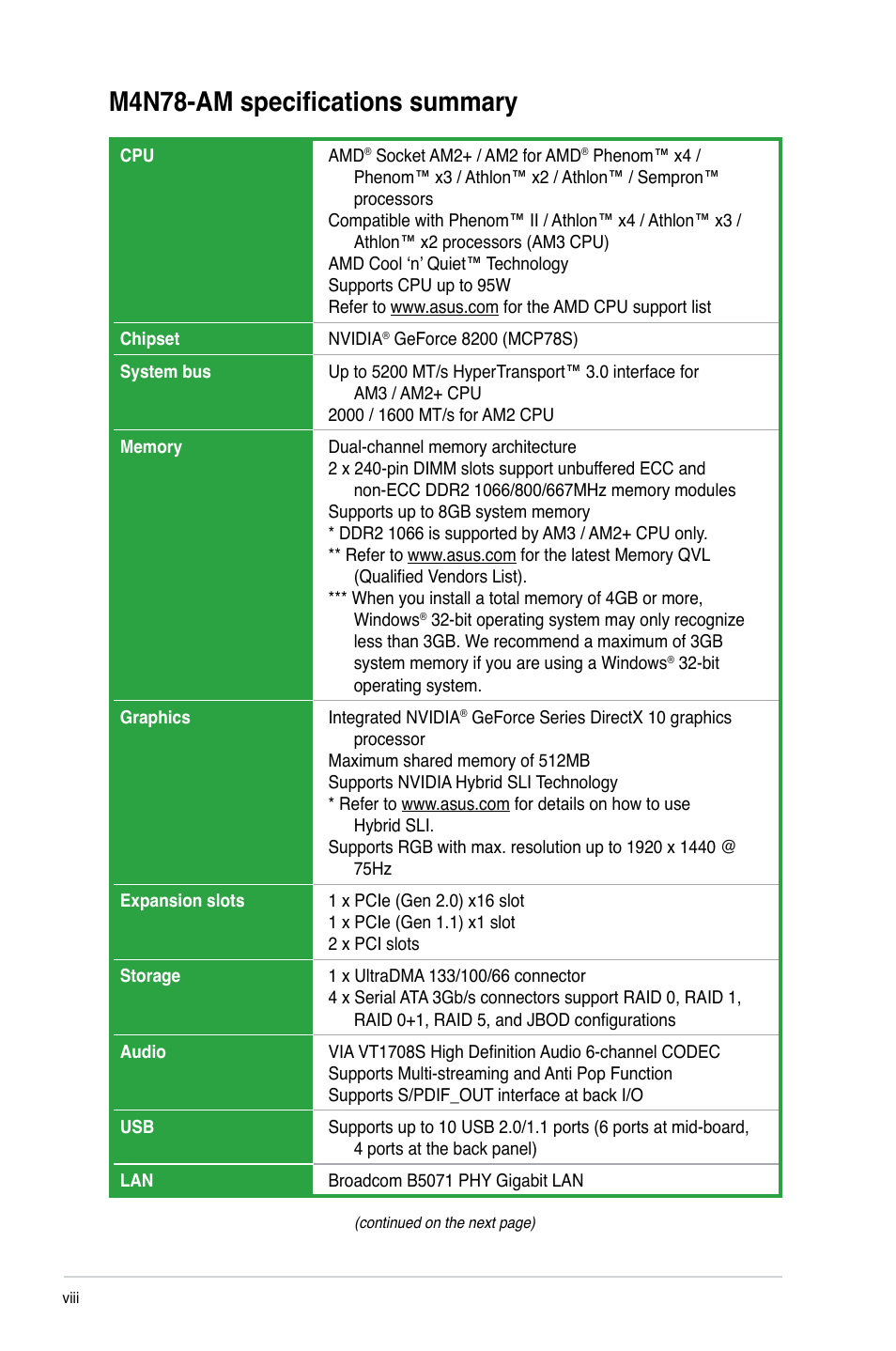 M4n78-am specifications summary | Asus M4N78-AM User Manual | Page 8 / 40