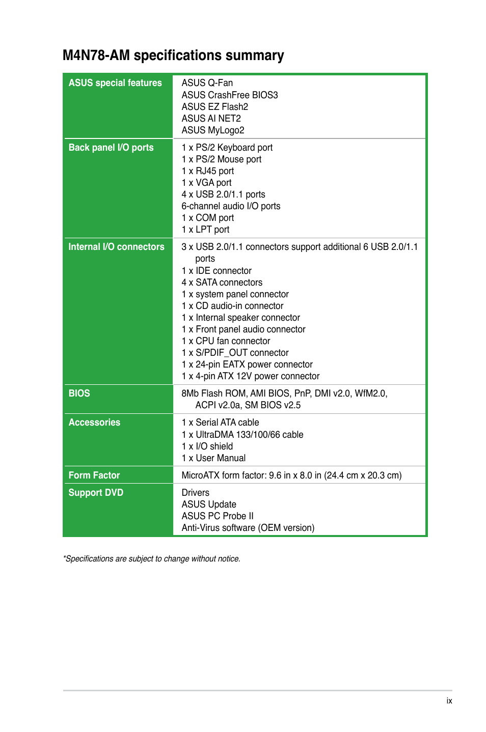 M4n78-am specifications summary | Asus M4N78-AM User Manual | Page 9 / 40