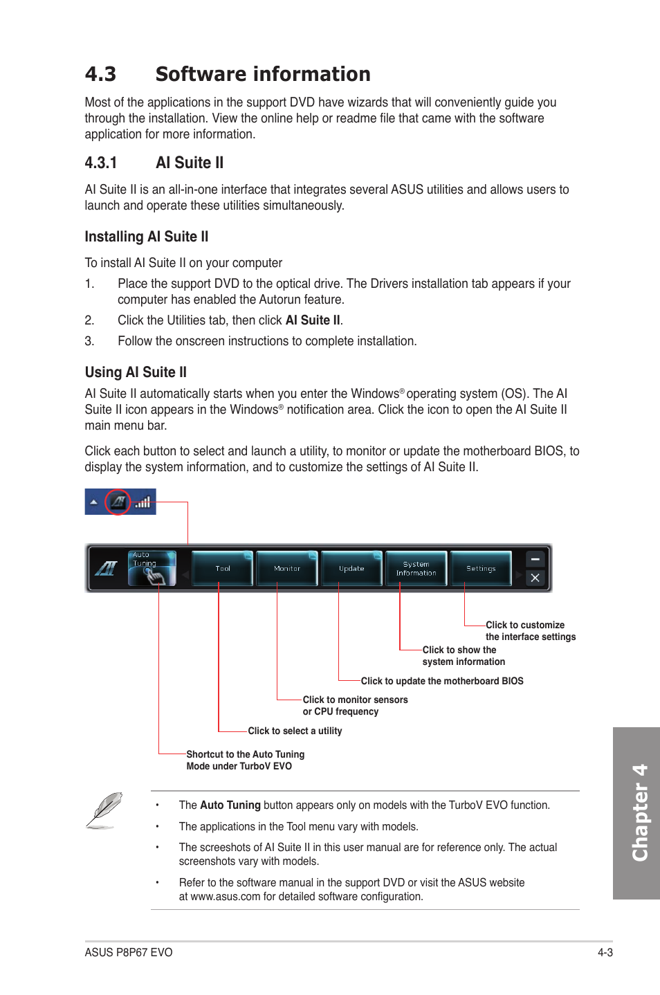 3 software information, 1 ai suite ii, Software information -3 4.3.1 | Ai suite ii -3, Chapter 4 4.3 software information | Asus P8P67 EVO User Manual | Page 105 / 134