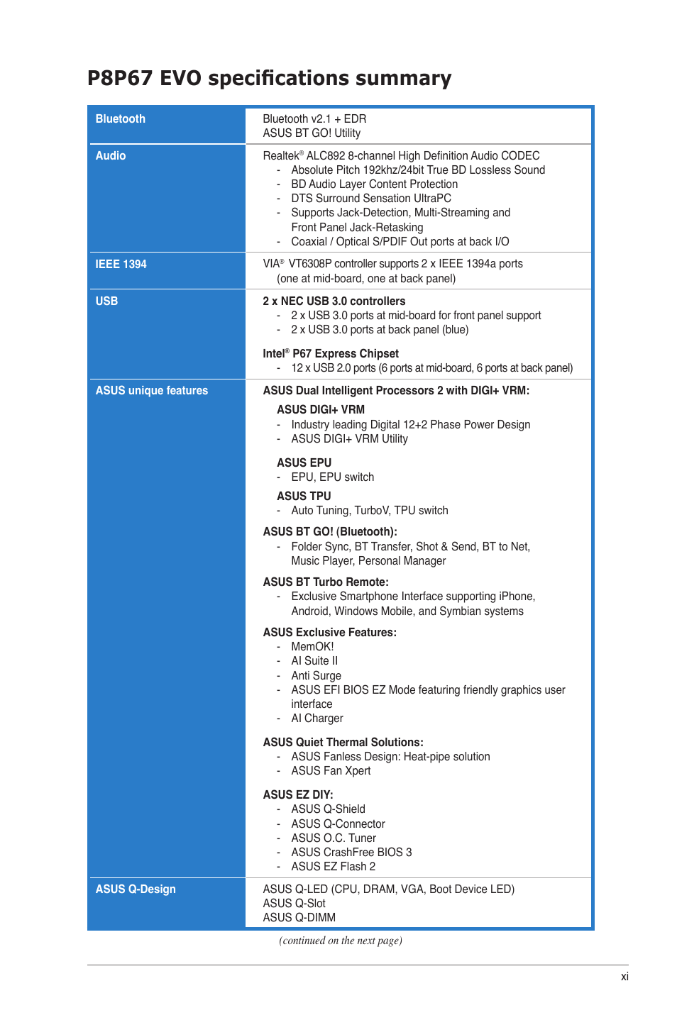 P8p67 evo specifications summary | Asus P8P67 EVO User Manual | Page 11 / 134