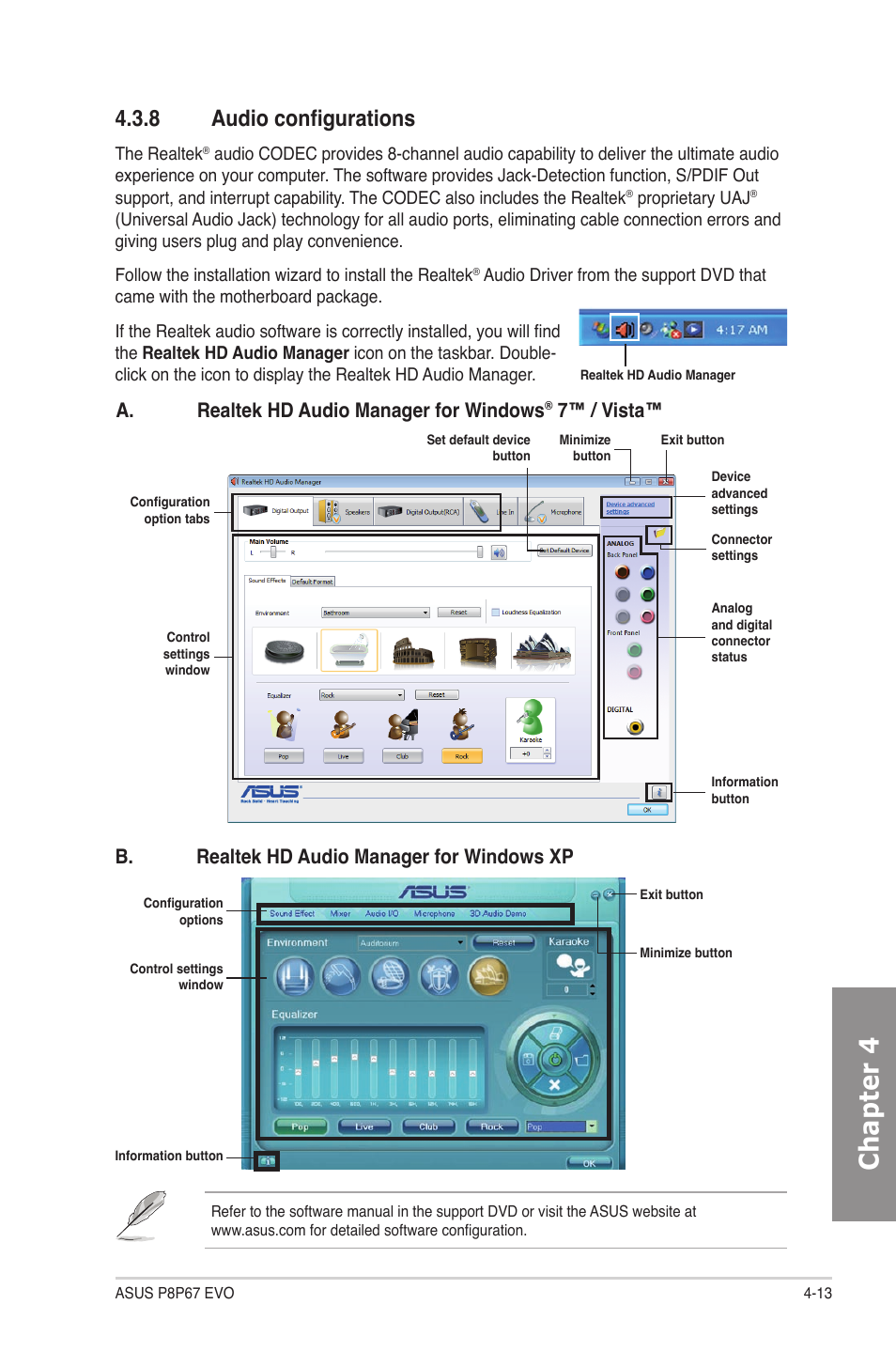 8 audio configurations, Audio configurations -13, Chapter 4 | A. realtek hd audio manager for windows, 7™ / vista, B. realtek hd audio manager for windows xp | Asus P8P67 EVO User Manual | Page 115 / 134