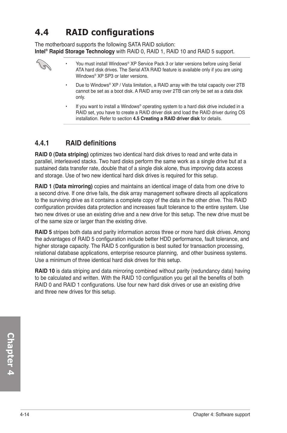 4 raid configurations, 1 raid definitions, Raid configurations -14 4.4.1 | Raid definitions -14, Chapter 4 4.4 raid configurations | Asus P8P67 EVO User Manual | Page 116 / 134