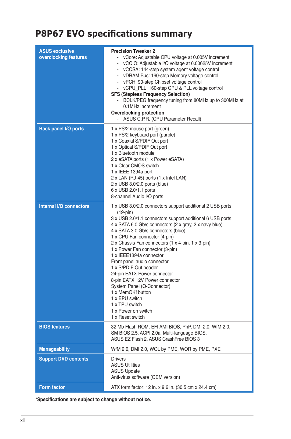 P8p67 evo specifications summary | Asus P8P67 EVO User Manual | Page 12 / 134