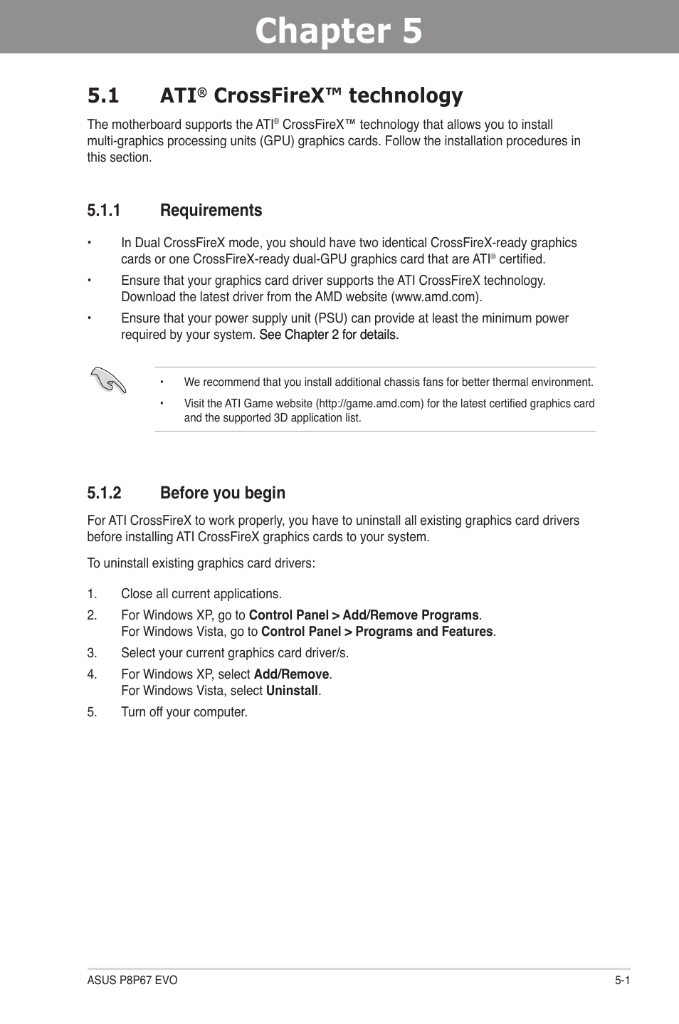 Chapter 5: multiple gpu technology support, 1 ati® crossfirex™ technology, 1 requirements | 2 before you begin, Chapter 5, Multiple gpu technology support, Crossfirex™ technology -1, Requirements -1, Before you begin -1, 1 ati | Asus P8P67 EVO User Manual | Page 125 / 134