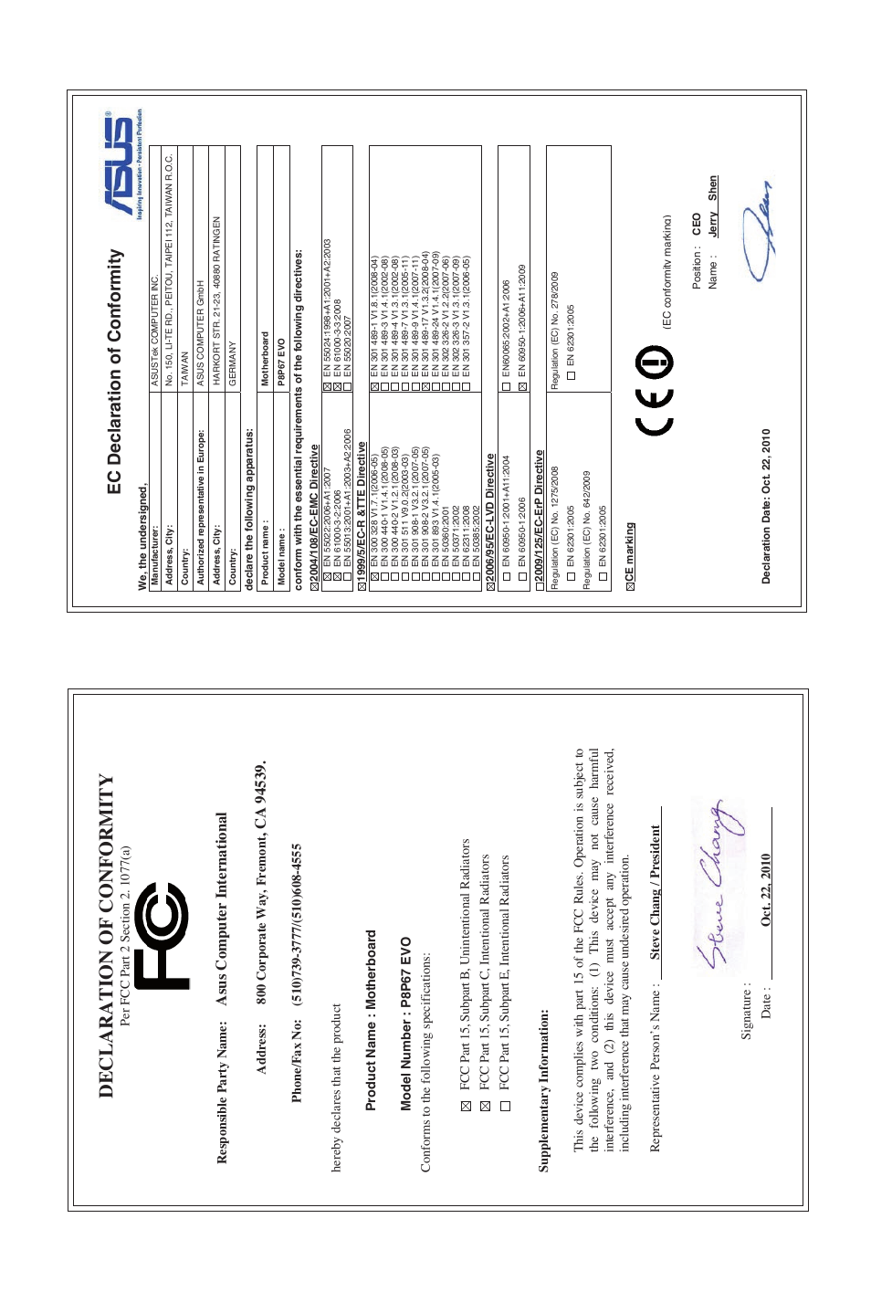 Declaration of conformity, Ec declaration of conformity, Asu s c om pu te r i nt er na tio na l | Asus P8P67 EVO User Manual | Page 134 / 134