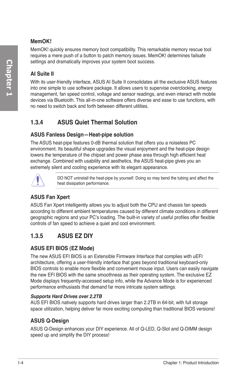 4 asus quiet thermal solution, 5 asus ez diy, Asus quiet thermal solution -4 | Asus ez diy -4, Chapter 1 | Asus P8P67 EVO User Manual | Page 16 / 134