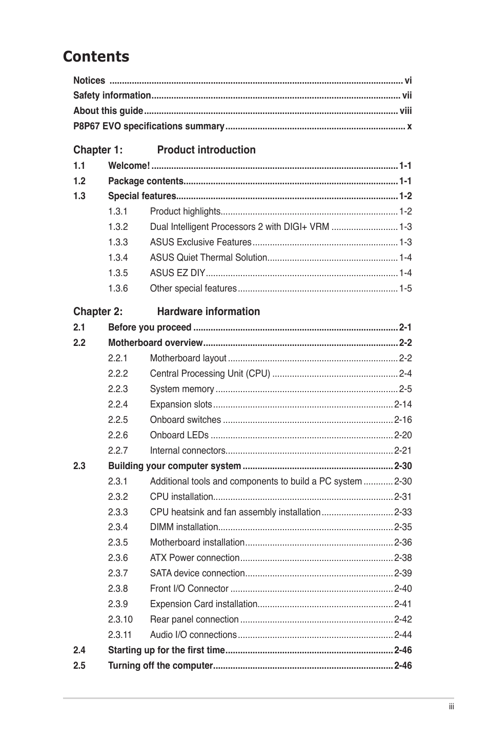 Asus P8P67 EVO User Manual | Page 3 / 134