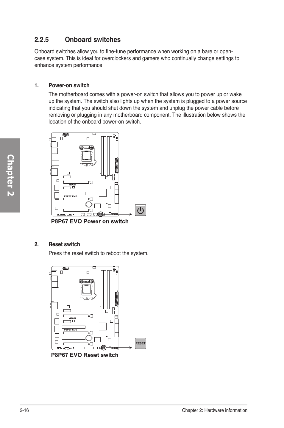 5 onboard switches, Onboard switches -16, Chapter 2 | Asus P8P67 EVO User Manual | Page 34 / 134