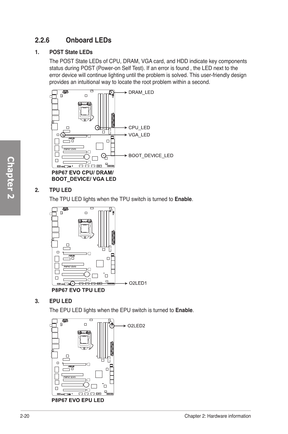 6 onboard leds, Onboard leds -20, Chapter 2 | Asus P8P67 EVO User Manual | Page 38 / 134