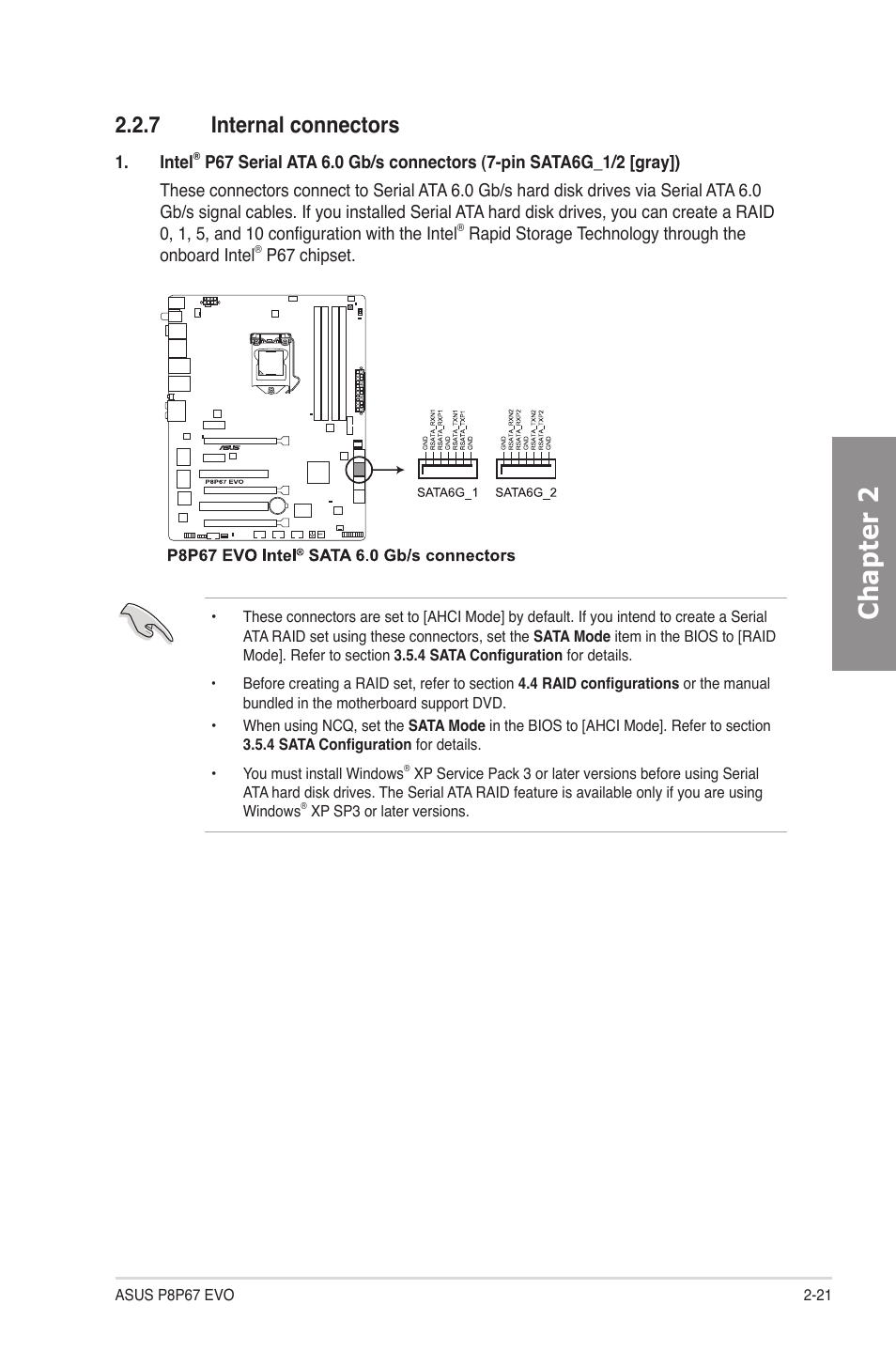 7 internal connectors, Internal connectors -21, Chapter 2 | Asus P8P67 EVO User Manual | Page 39 / 134