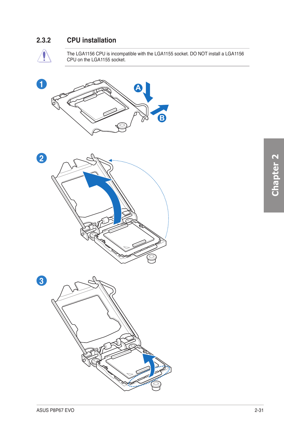 2 cpu installation, Cpu installation -31, Chapter 2 | Asus P8P67 EVO User Manual | Page 49 / 134