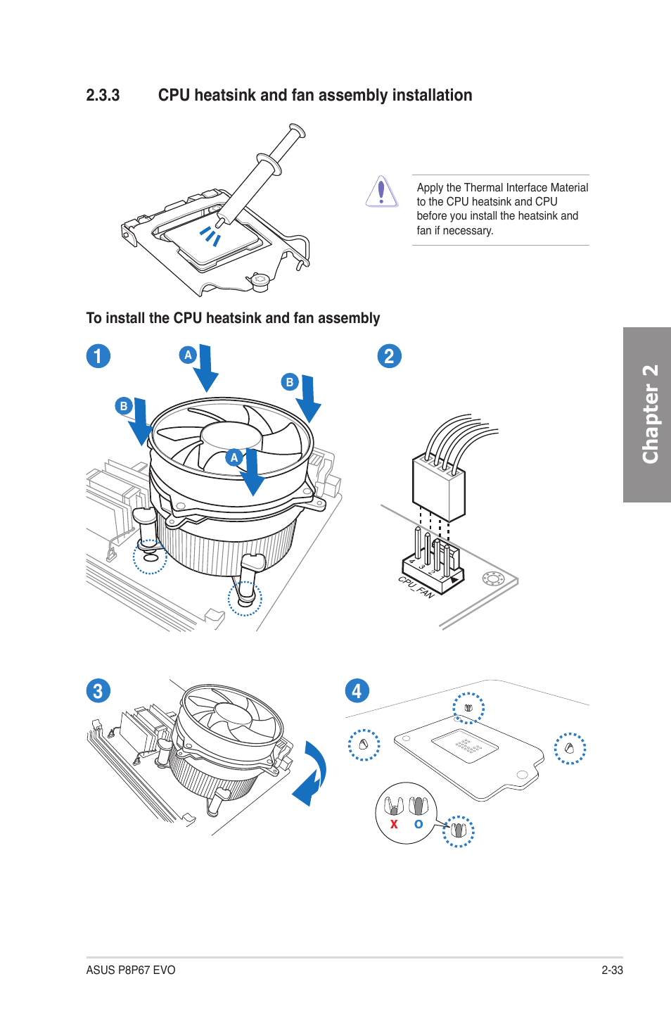 3 cpu heatsink and fan assembly installation, Cpu heatsink and fan assembly installation -33, Chapter 2 | Asus P8P67 EVO User Manual | Page 51 / 134