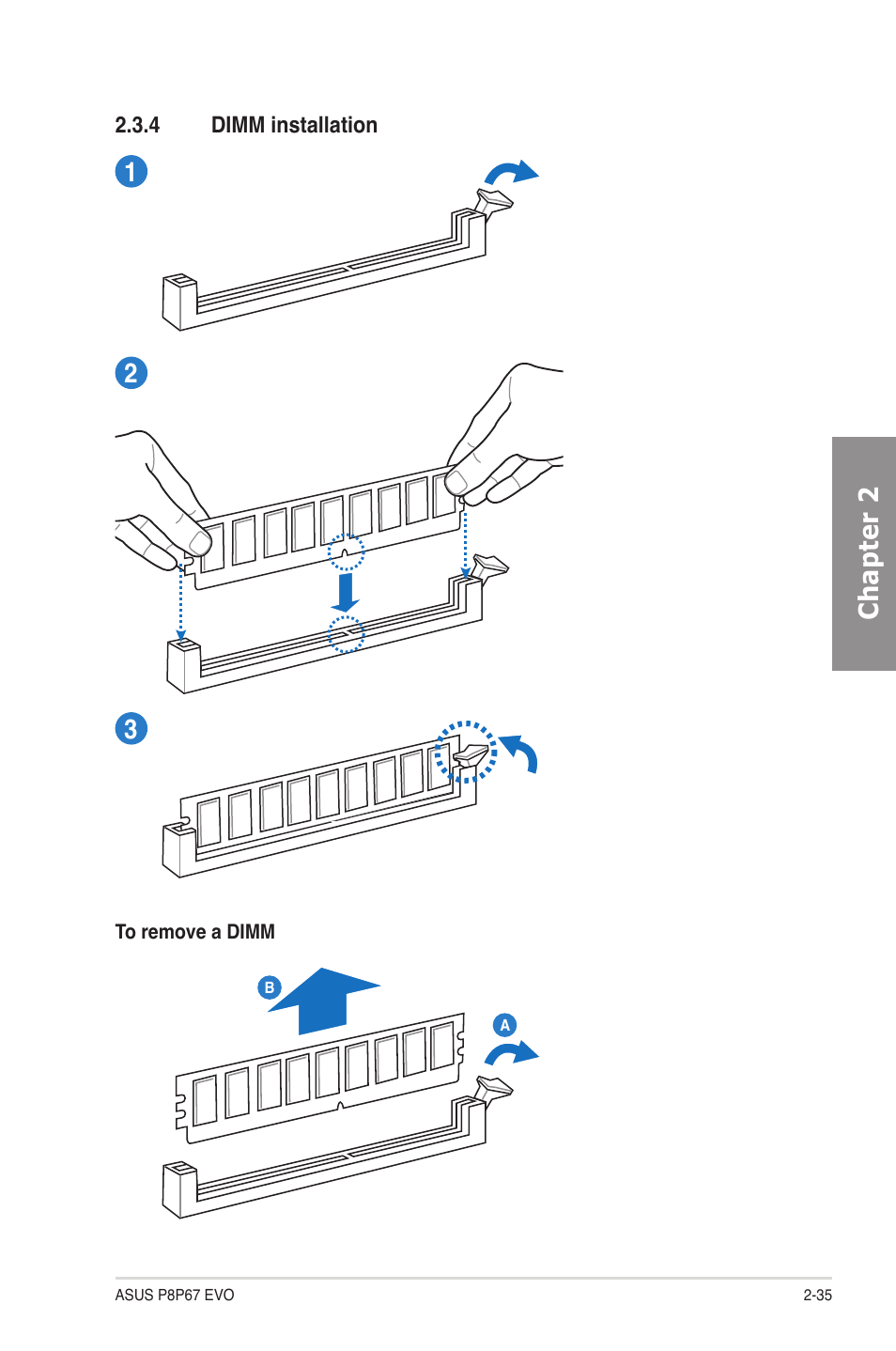 4 dimm installation, Dimm installation -35, Chapter 2 1 2 3 | Asus P8P67 EVO User Manual | Page 53 / 134