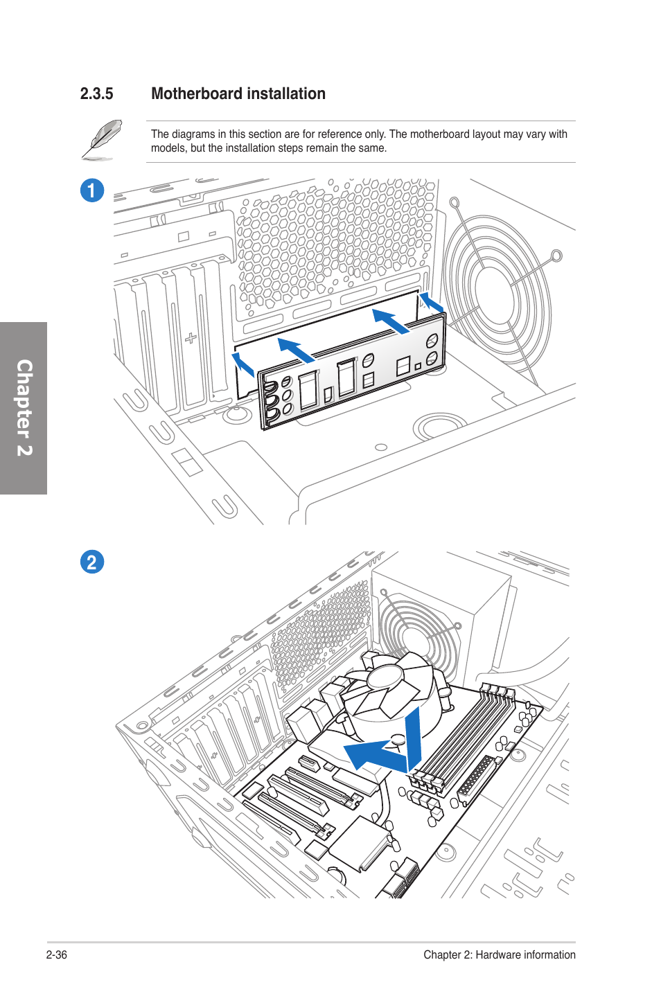 5 motherboard installation, Motherboard installation -36, Chapter 2 | Asus P8P67 EVO User Manual | Page 54 / 134