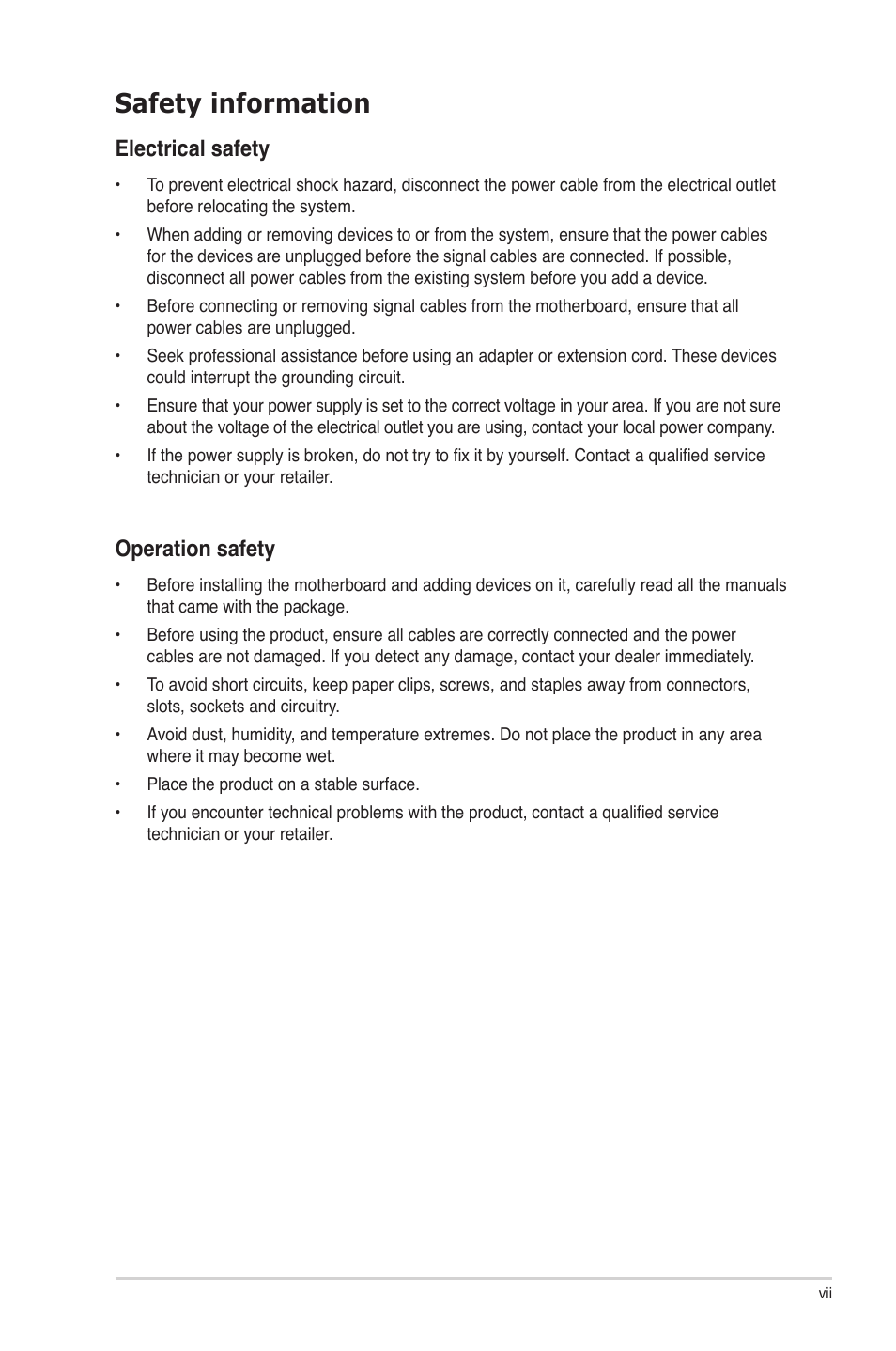 Safety information, Electrical safety, Operation safety | Asus P8P67 EVO User Manual | Page 7 / 134