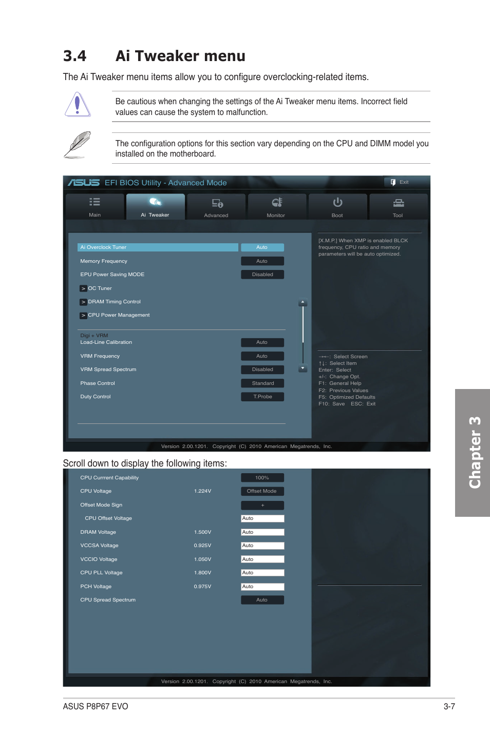 4 ai tweaker menu, Ai tweaker menu -7, Chapter 3 3.4 ai tweaker menu | Scroll down to display the following items, Efi bios utility - advanced mode | Asus P8P67 EVO User Manual | Page 71 / 134
