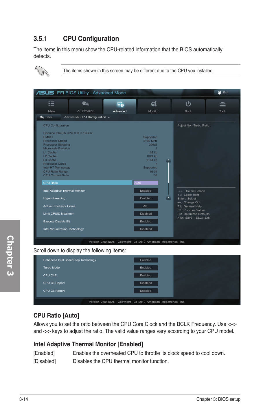1 cpu configuration, Cpu configuration -14, Chapter 3 | Cpu ratio [auto, Intel adaptive thermal monitor [enabled, Scroll down to display the following items, 14 chapter 3: bios setup, Efi bios utility - advanced mode | Asus P8P67 EVO User Manual | Page 78 / 134